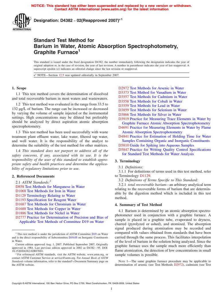 ASTM D4382-02(2007)e1 - Standard Test Method for Barium in Water, Atomic Absorption Spectrophotometry, Graphite Furnace