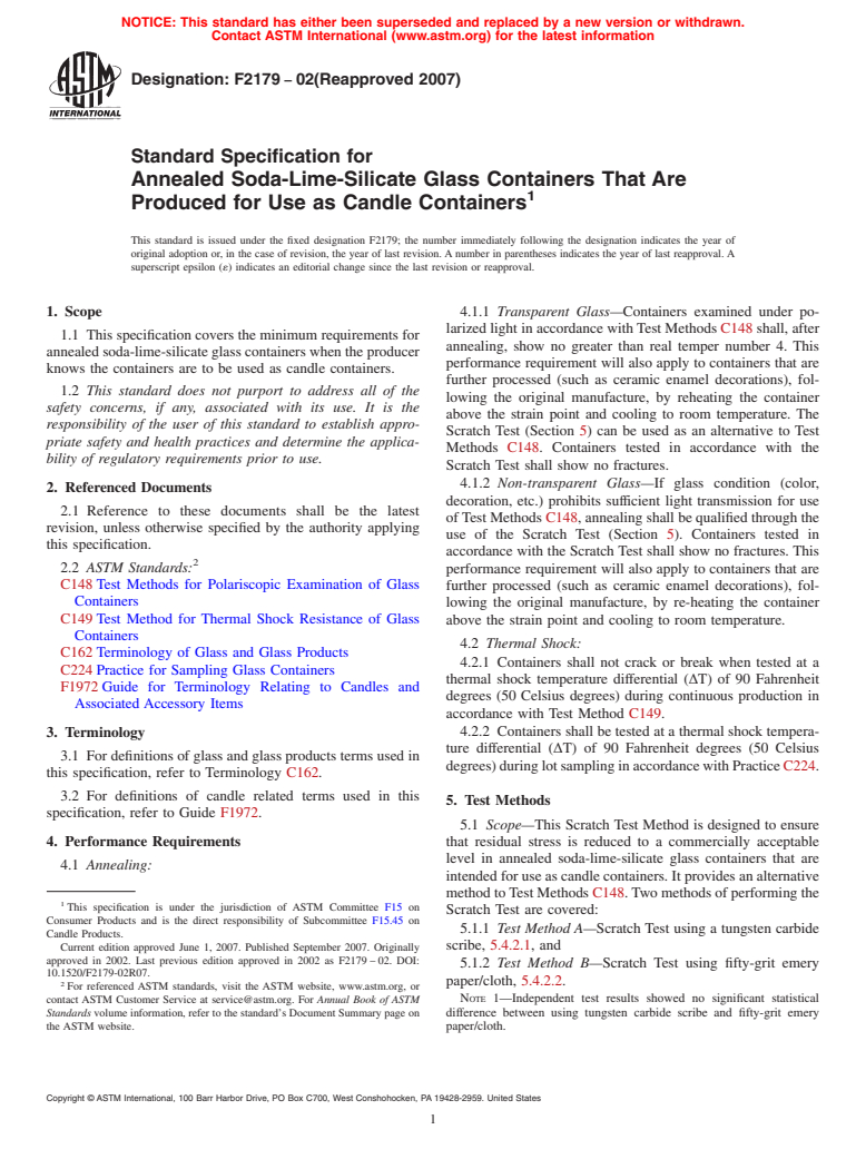 ASTM F2179-02(2007) - Standard Specification for Annealed Soda-Lime-Silicate Glass Containers That Are Produced for Use as Candle Containers