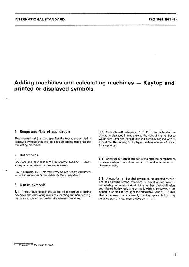 ISO 1093:1981 - Adding machines and calculating machines -- Keytop and printed or displayed symbols