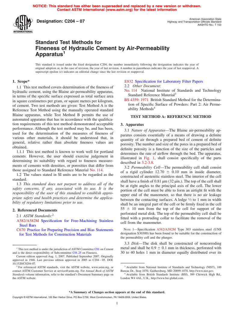 ASTM C204-07 - Standard Test Methods for Fineness of Hydraulic Cement by Air-Permeability Apparatus