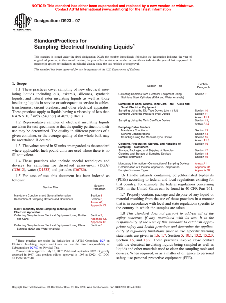 ASTM D923-07 - Standard Practices for Sampling Electrical Insulating Liquids
