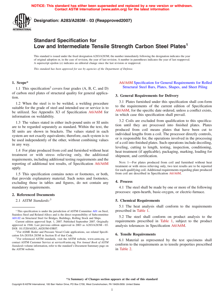 ASTM A283/A283M-03(2007) - Standard Specification for Low and Intermediate Tensile Strength Carbon Steel Plates