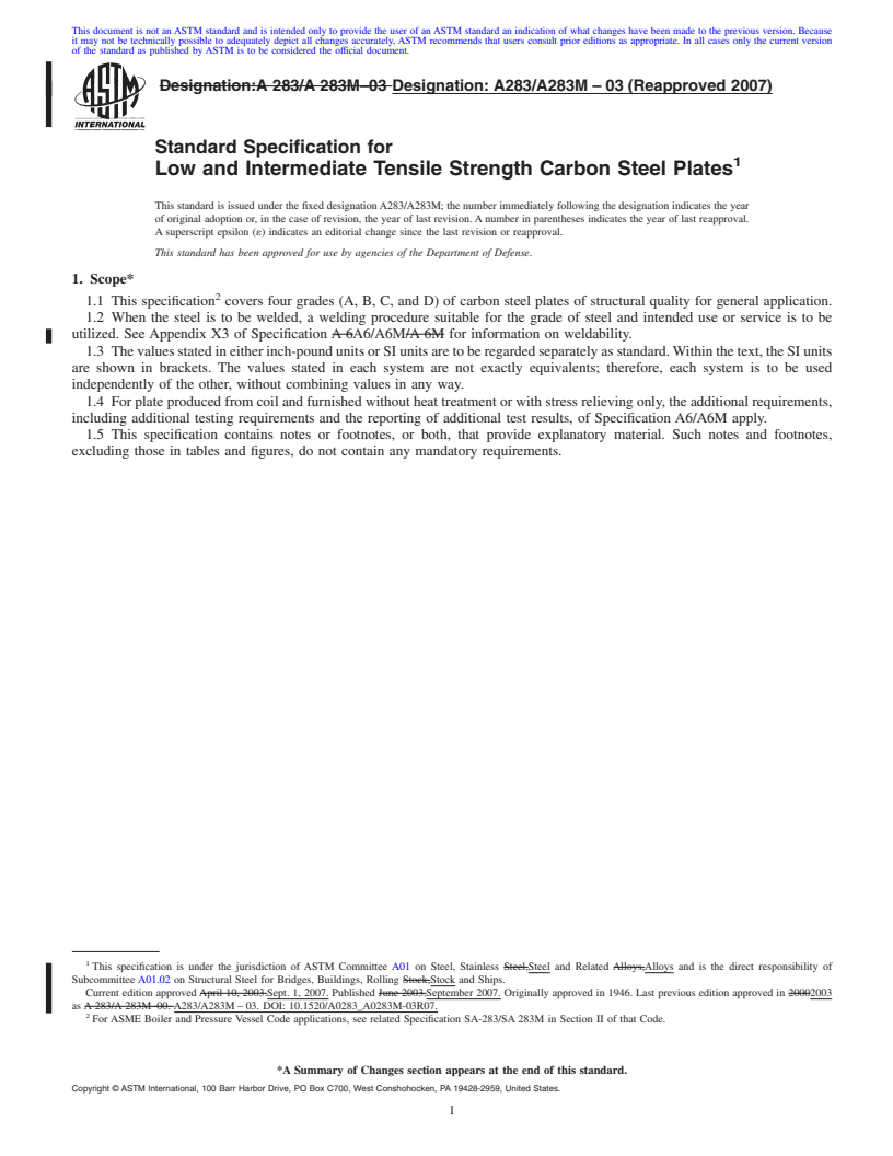 REDLINE ASTM A283/A283M-03(2007) - Standard Specification for Low and Intermediate Tensile Strength Carbon Steel Plates