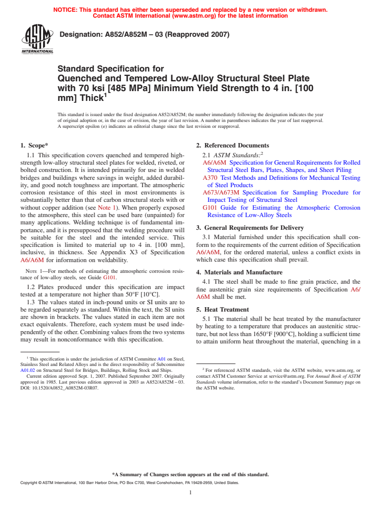 ASTM A852/A852M-03(2007) - Standard Specification for Quenched and Tempered Low-Alloy Structural Steel Plate with 70 ksi [485 MPa] Minimum Yield Strength to 4 in. [100 mm] Thick (Withdrawn 2010)