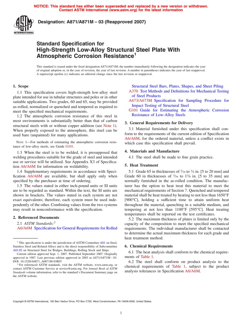 ASTM A871/A871M-03(2007) - Standard Specification for High-Strength Low-Alloy Structural Steel Plate With Atmospheric Corrosion Resistance