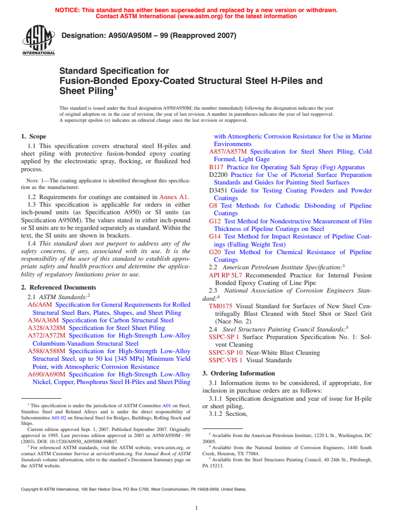 ASTM A950/A950M-99(2007) - Standard Specification for Fusion-Bonded Epoxy-Coated Structural Steel H-Piles and Sheet Piling