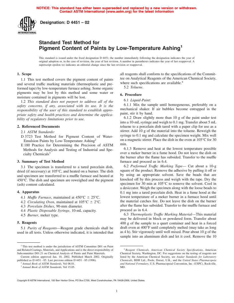 ASTM D4451-02 - Standard Test Method for Pigment Content of Paints by Low-Temperature Ashing