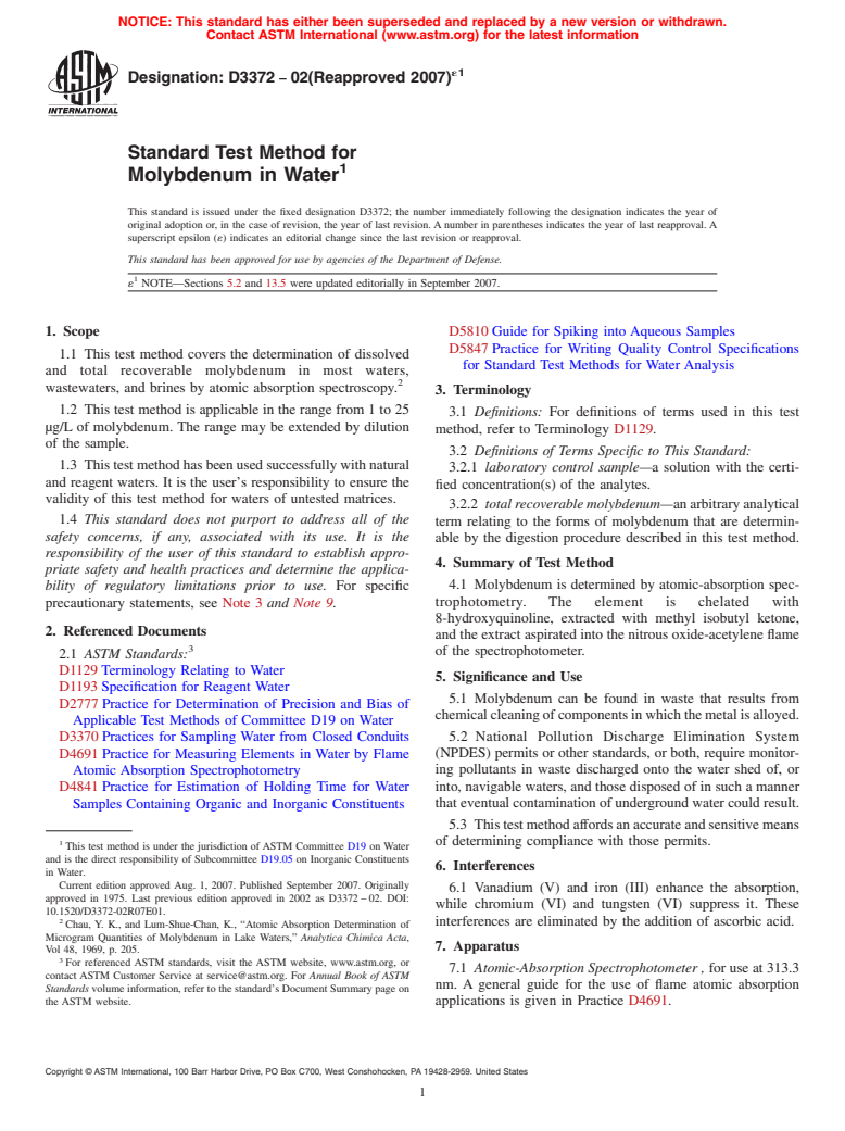 ASTM D3372-02(2007)e1 - Standard Test Method for Molybdenum in Water