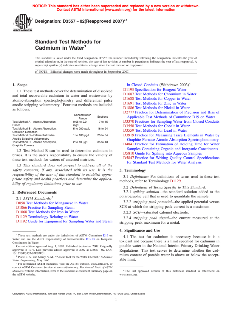 ASTM D3557-02(2007)e1 - Standard Test Methods for Cadmium in Water