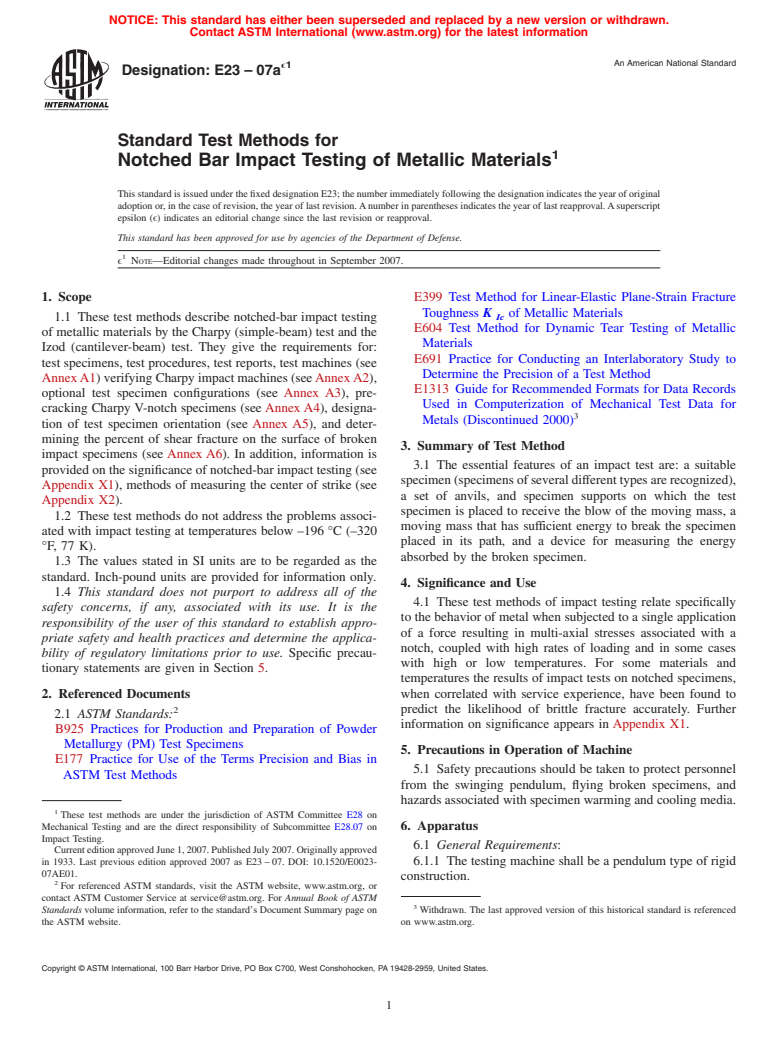 ASTM E23-07ae1 - Standard Test Methods for Notched Bar Impact Testing of Metallic Materials