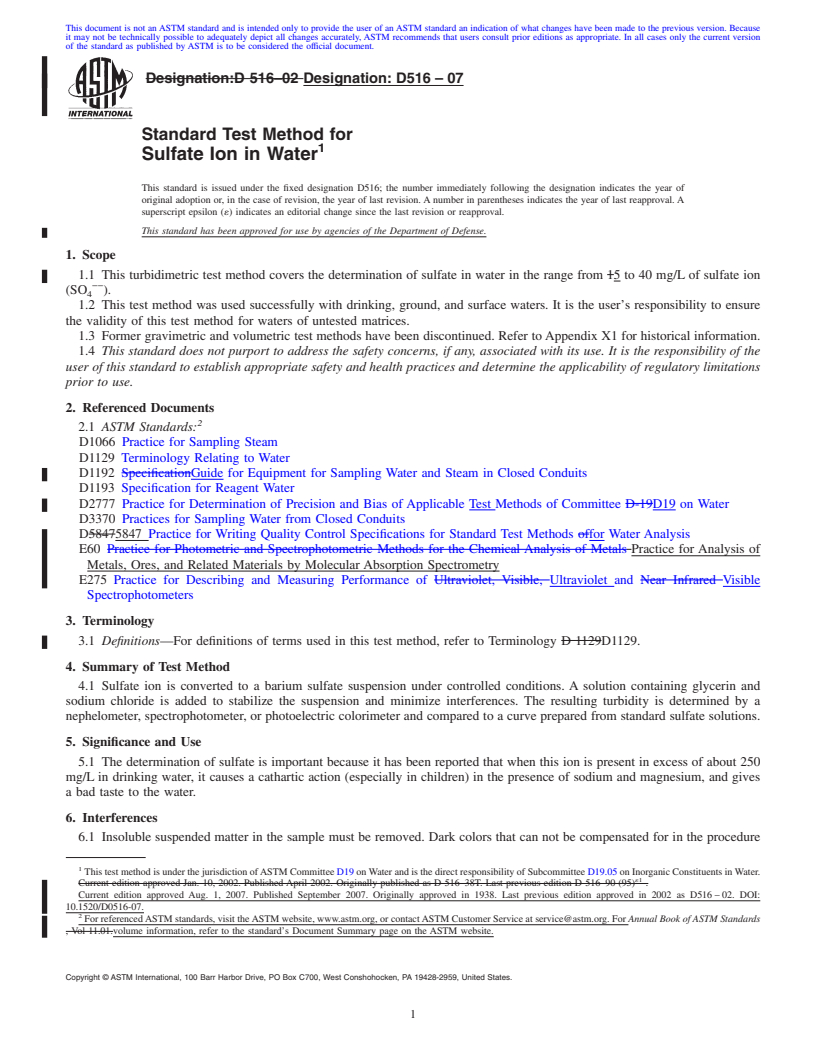 REDLINE ASTM D516-07 - Standard Test Method for Sulfate Ion in Water