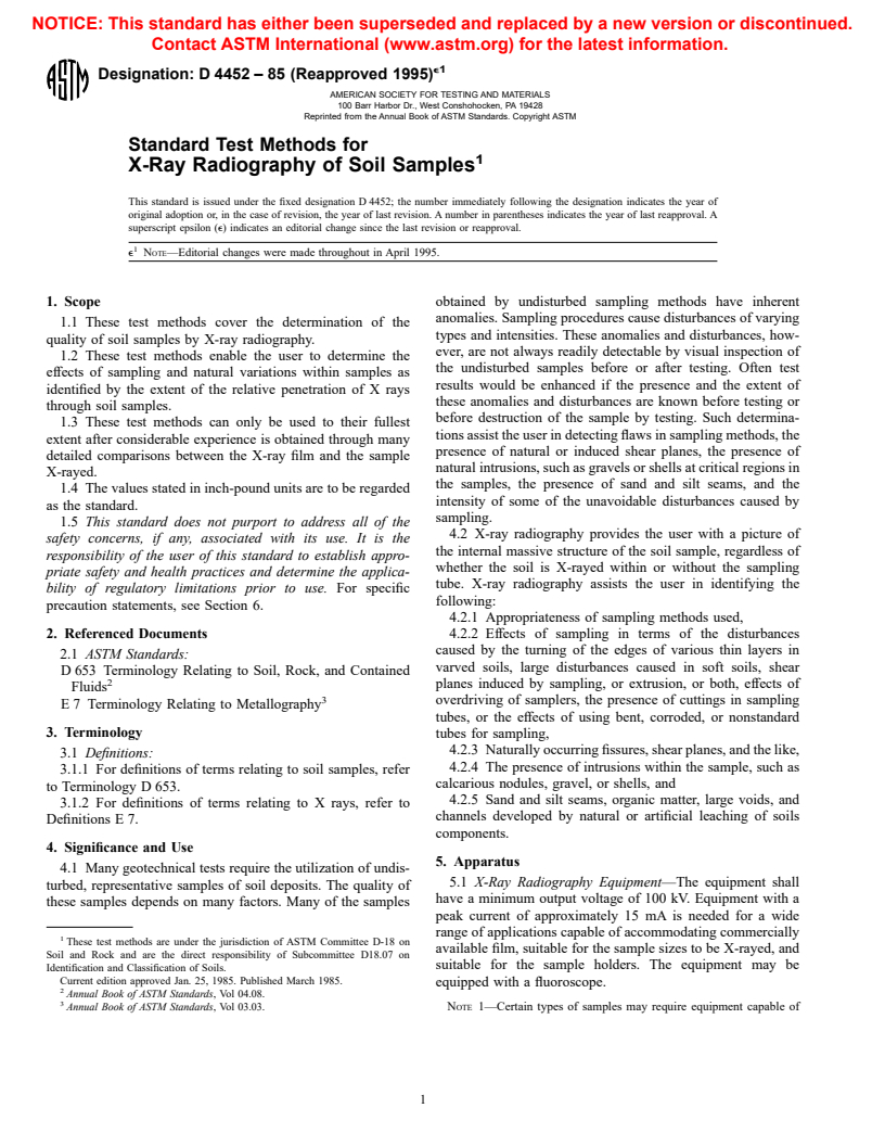 ASTM D4452-85(1995)e1 - Standard Methods for X-Ray Radiography of Soil Samples