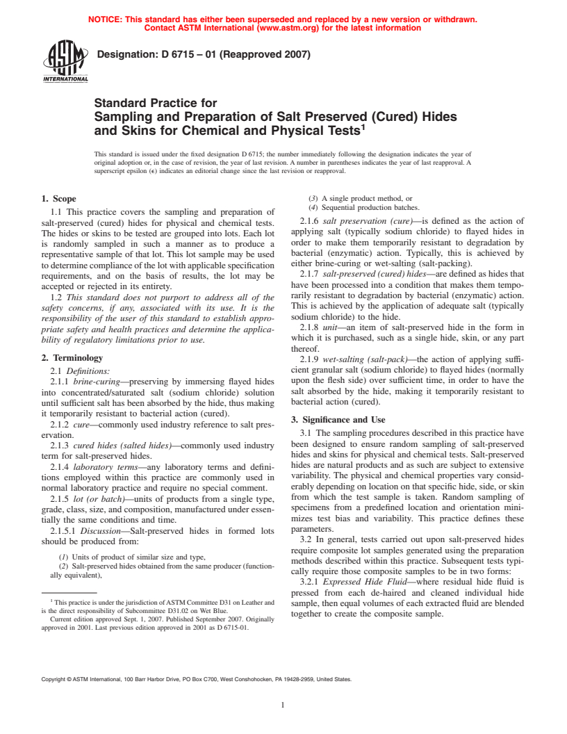 ASTM D6715-01(2007) - Standard Practice for Sampling and Preparation of Salt Preserved (Cured) Hides and Skins for Chemical and Physical Tests