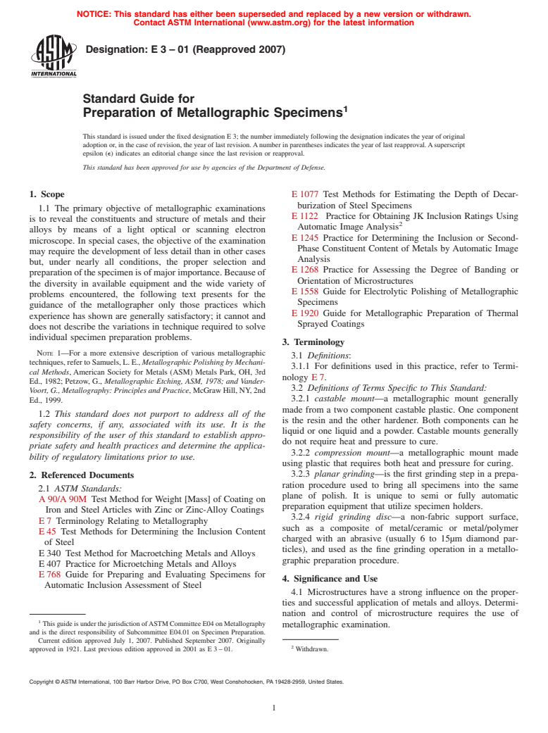 ASTM E3-01(2007) - Standard Guide for Preparation of Metallographic Specimens