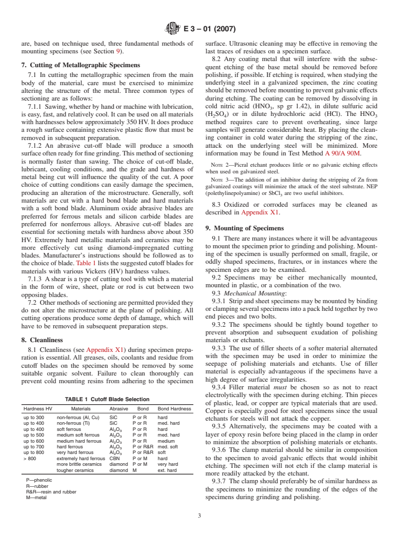 ASTM E3-01(2007) - Standard Guide for Preparation of Metallographic Specimens