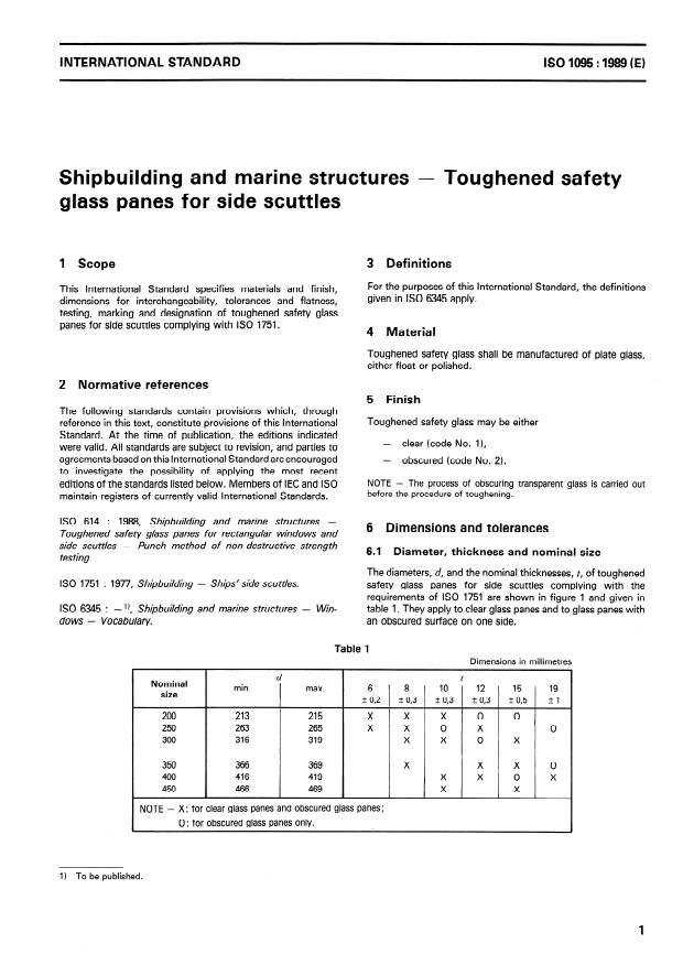 ISO 1095:1989 - Shipbuilding and marine structures -- Toughened safety glass panes for side scuttles