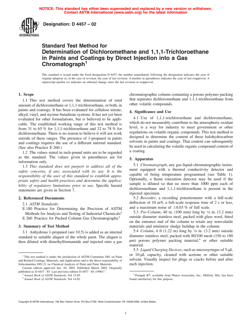 ASTM D4457-02 - Standard Test Method for Determination of Dichloromethane and 1,1,1-Trichloroethane in Paints and Coatings by Direct Injection into a Gas Chromatograph