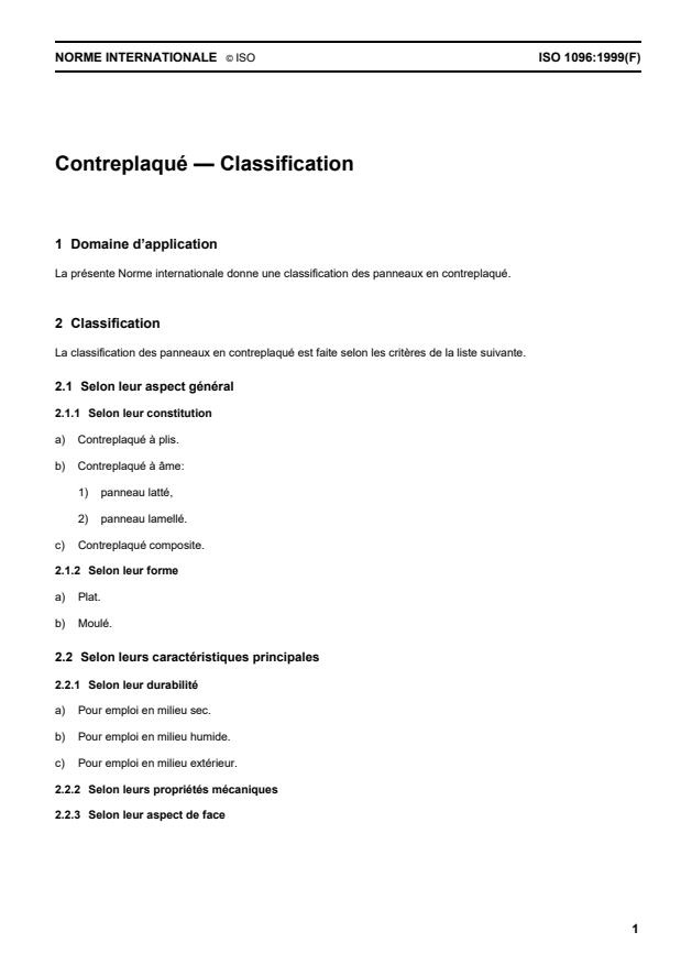ISO 1096:1999 - Contreplaqué -- Classification