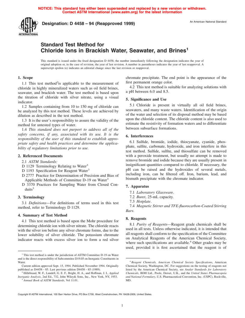 ASTM D4458-94(1999) - Standard Test Method for Chloride Ions in Brackish Water, Seawater, and Brines