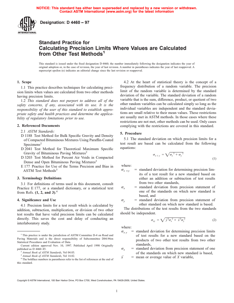 ASTM D4460-97 - Standard Practice for Calculating Precision Limits Where Values are Calculated from Other Test Methods