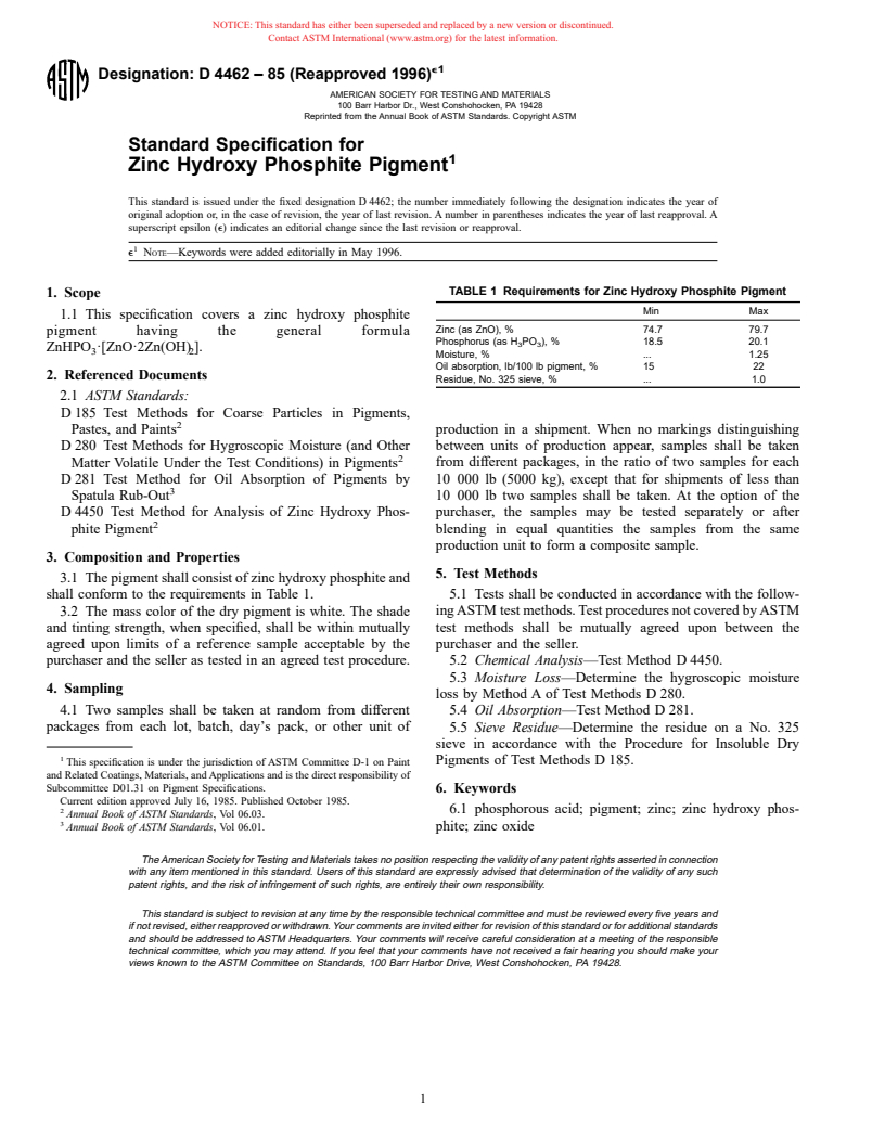ASTM D4462-85(1996)e1 - Standard Specification for Zinc Hydroxy Phosphite Pigment