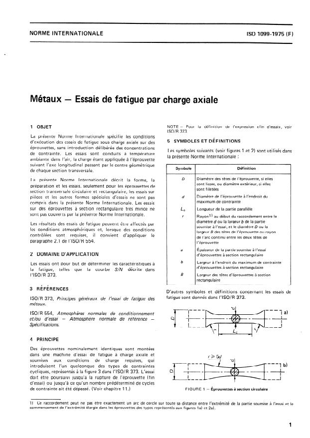 ISO 1099:1975 - Métaux -- Essais de fatigue par charge axiale