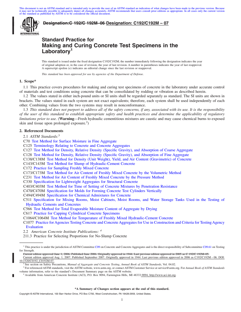 REDLINE ASTM C192/C192M-07 - Standard Practice for Making and Curing Concrete Test Specimens in the Laboratory