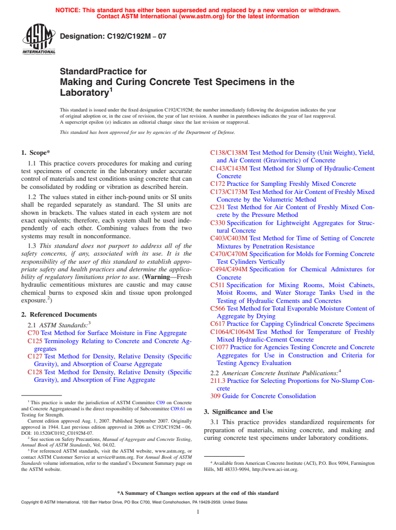 ASTM C192/C192M-07 - Standard Practice for Making and Curing Concrete Test Specimens in the Laboratory