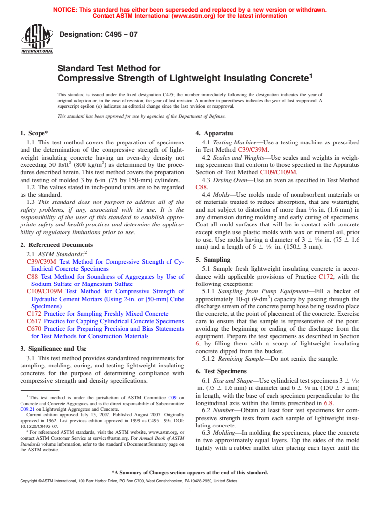 ASTM C495-07 - Standard Test Method for Compressive Strength of Lightweight Insulating Concrete