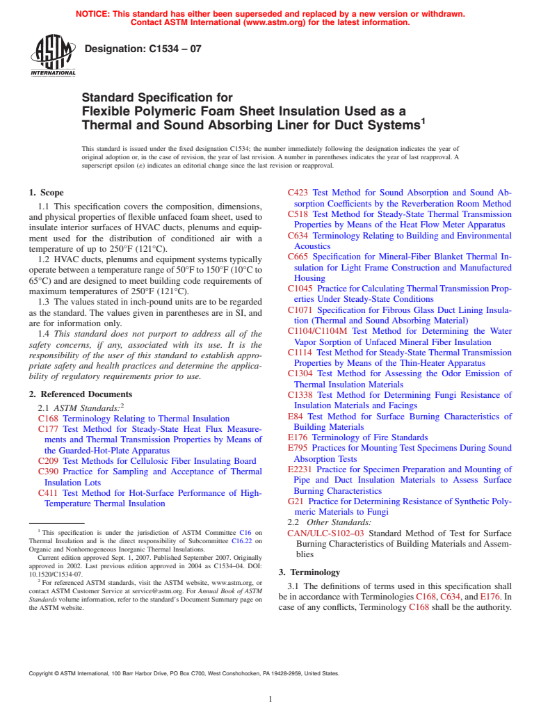 ASTM C1534-07 - Standard Specification for Flexible Polymeric Foam Sheet Insulation Used as a Thermal and Sound Absorbing Liner for Duct Systems