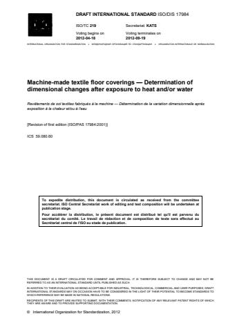 ISO 17984:2014 - Machine-made textile floor coverings -- Determination of dimensional changes after exposure to heat and/or water