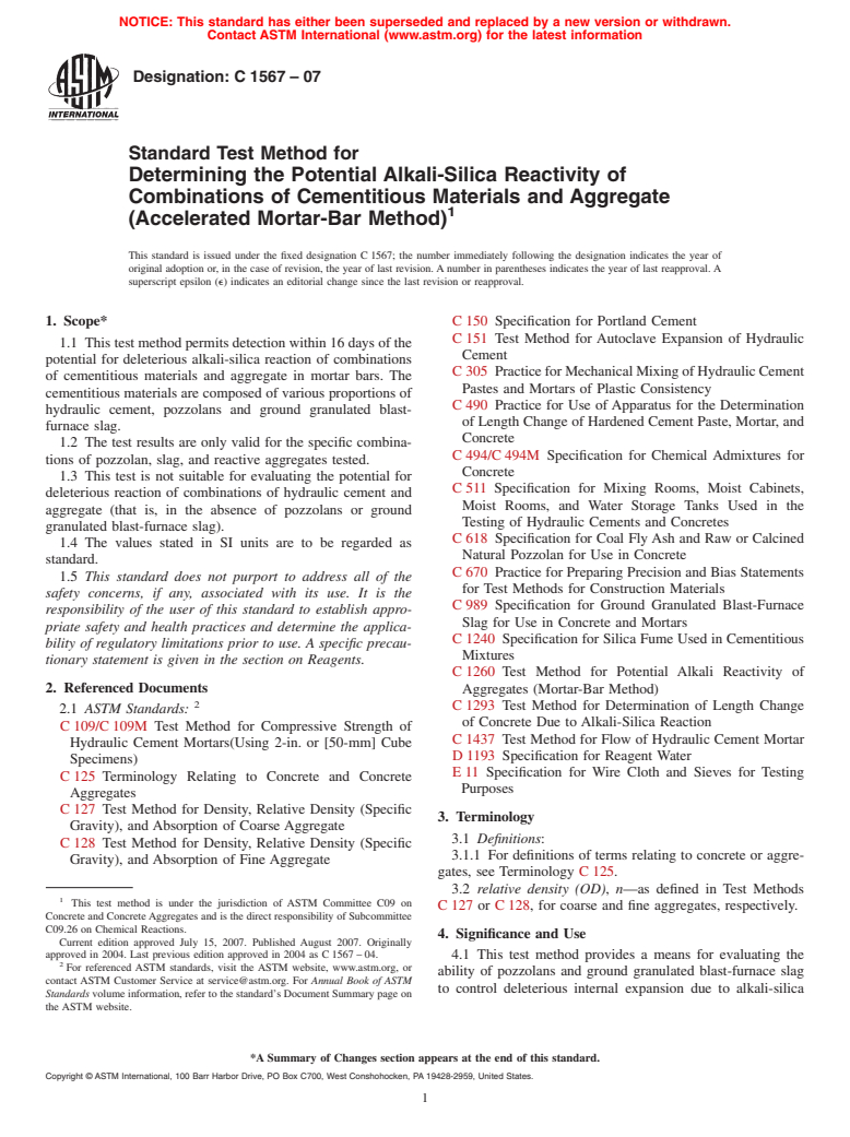 ASTM C1567-07 - Standard Test Method for Determining the Potential Alkali-Silica Reactivity of Combinations of Cementitious Materials and Aggregate (Accelerated Mortar-Bar Method)