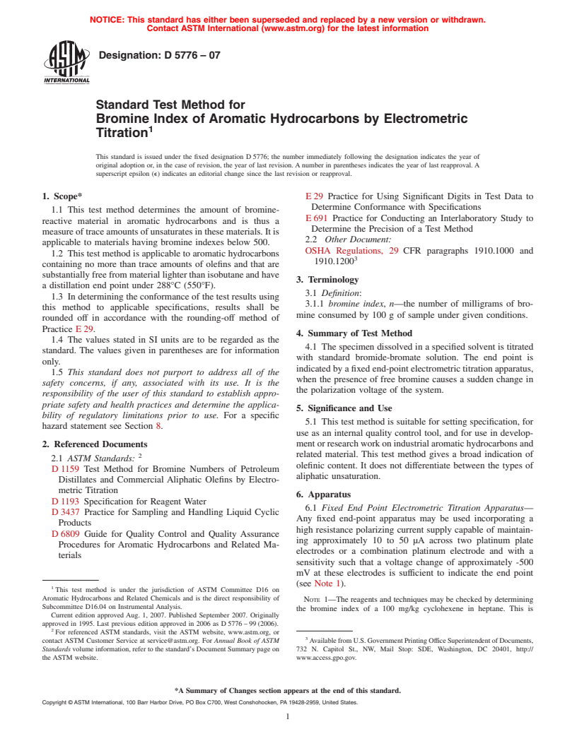 ASTM D5776-07 - Standard Test Method for Bromine Index of Aromatic Hydrocarbons by Electrometric Titration