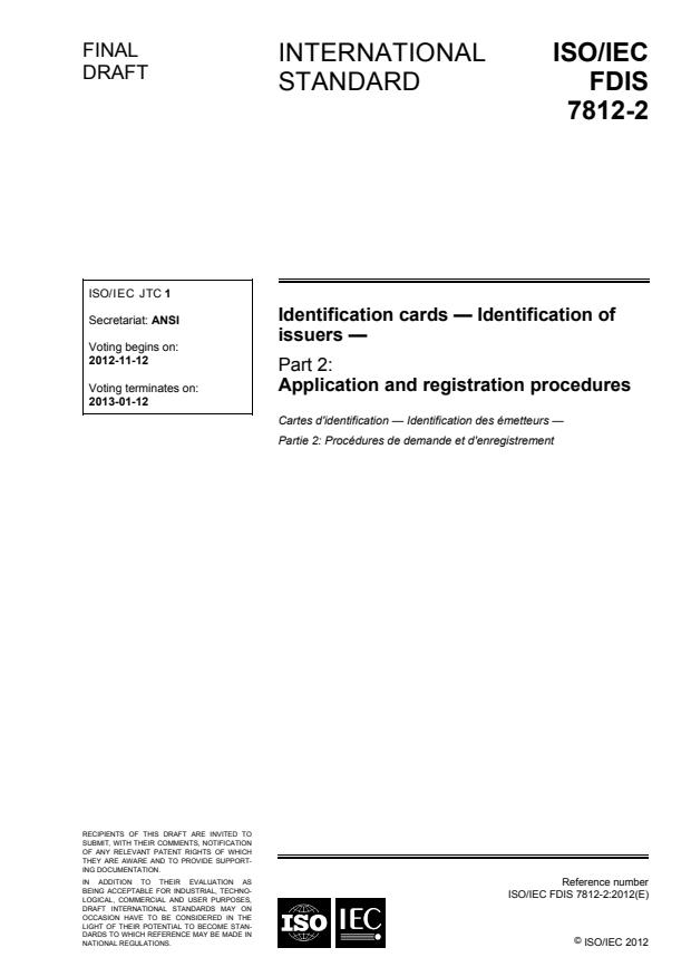 ISO/IEC FDIS 7812-2 - Identification cards -- Identification of issuers