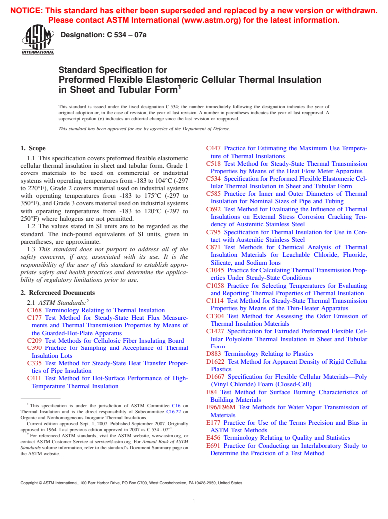 ASTM C534-07a - Standard Specification for Preformed Flexible Elastomeric Cellular Thermal Insulation in Sheet and Tubular Form