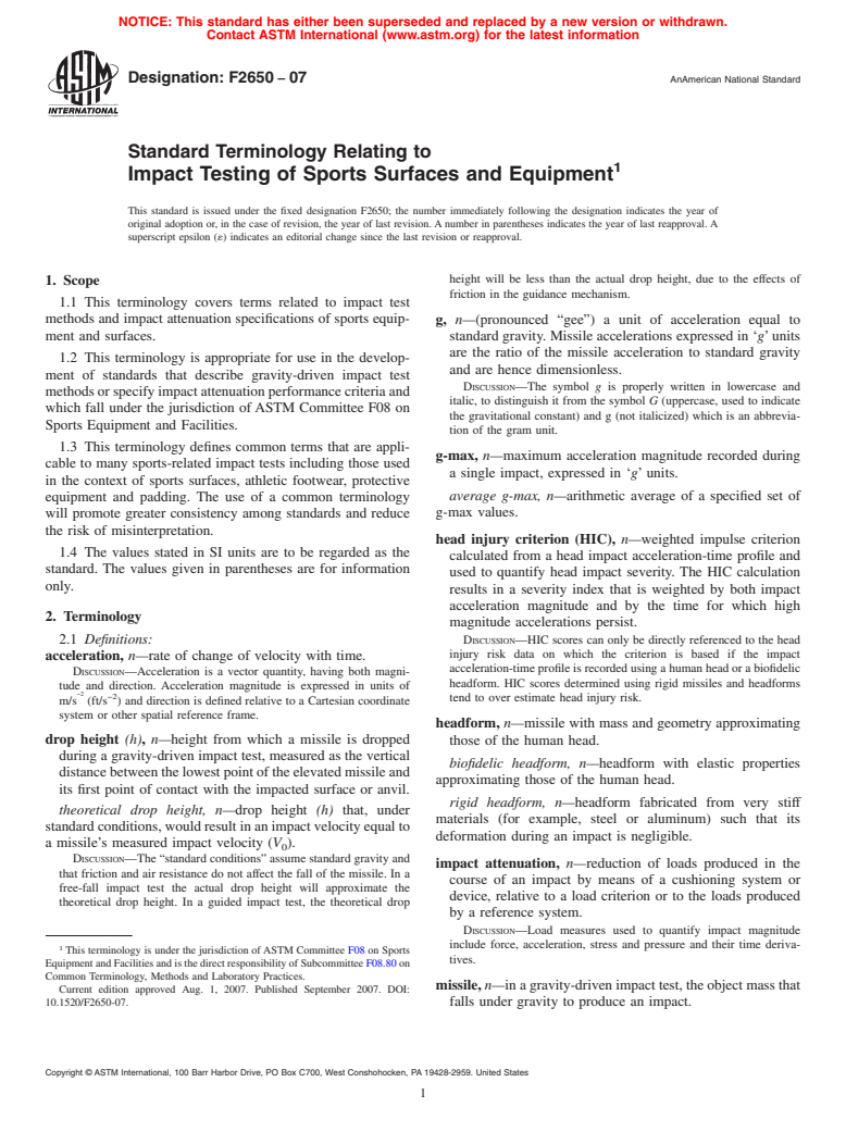 ASTM F2650-07 - Standard Terminology Relating to Impact Testing of Sports Surfaces and Equipment