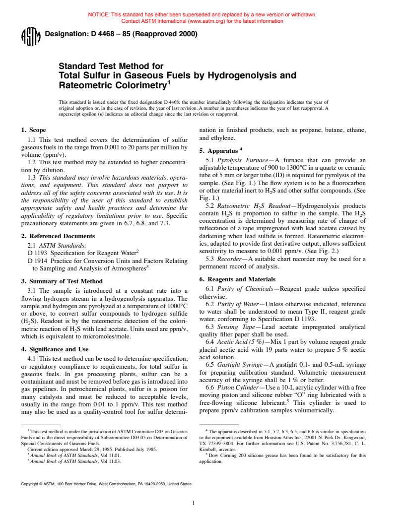 ASTM D4468-85(2000) - Standard Test Method for Total Sulfur in Gaseous Fuels by Hydrogenolysis and Rateometric Colorimetry