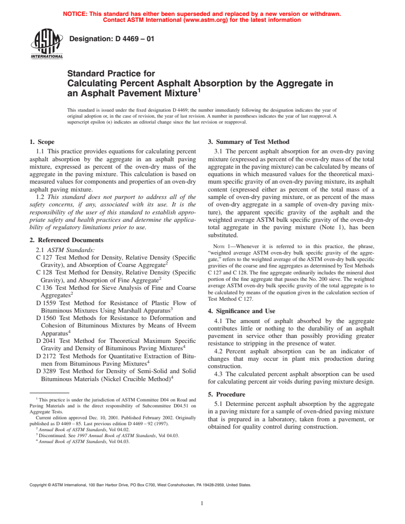 ASTM D4469-01 - Standard Test Method for Calculating Percent Asphalt Absorption by the Aggregate in an Asphalt Pavement Mixture