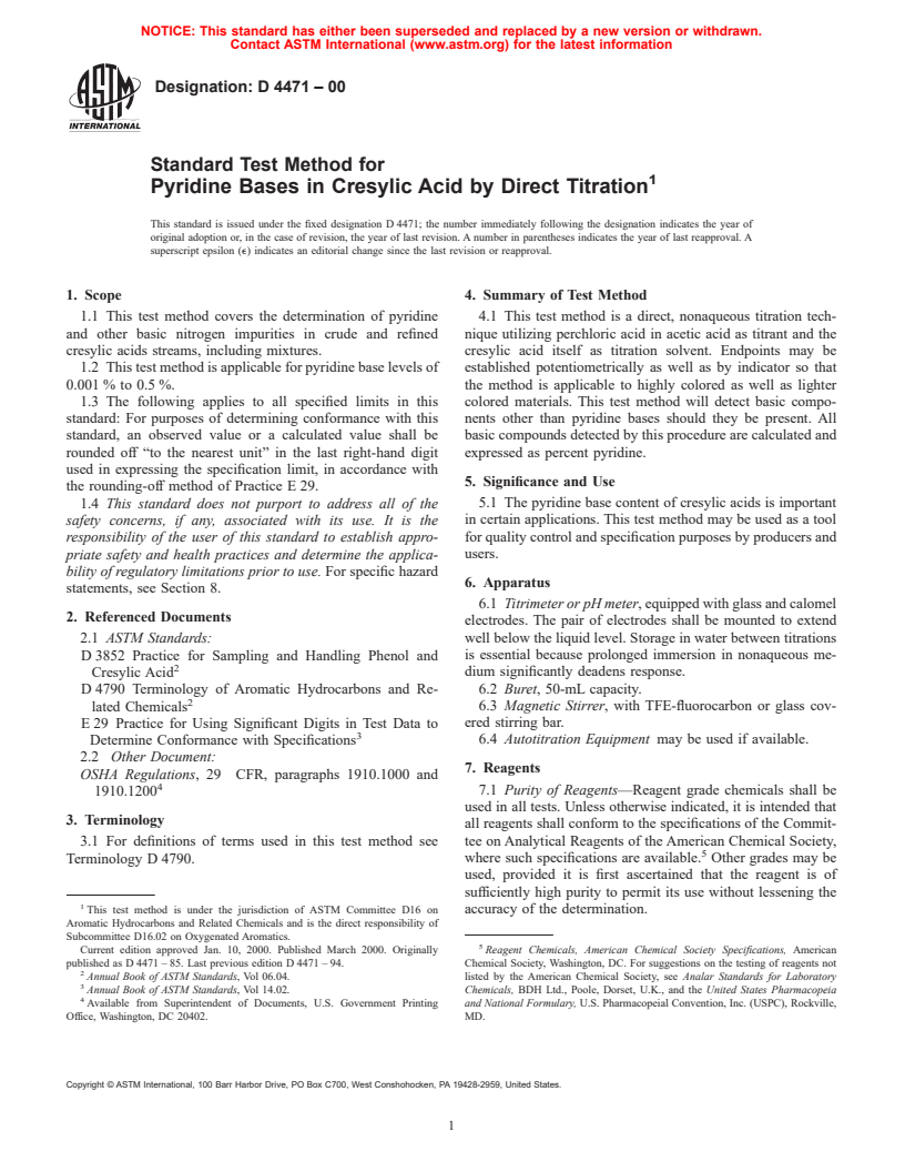 ASTM D4471-00 - Standard Test Method for Pyridine Bases in Cresylic Acid by Direct Titration