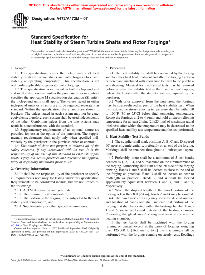 ASTM A472/A472M-07 - Standard Specification for Heat Stability of Steam Turbine Shafts and Rotor Forgings