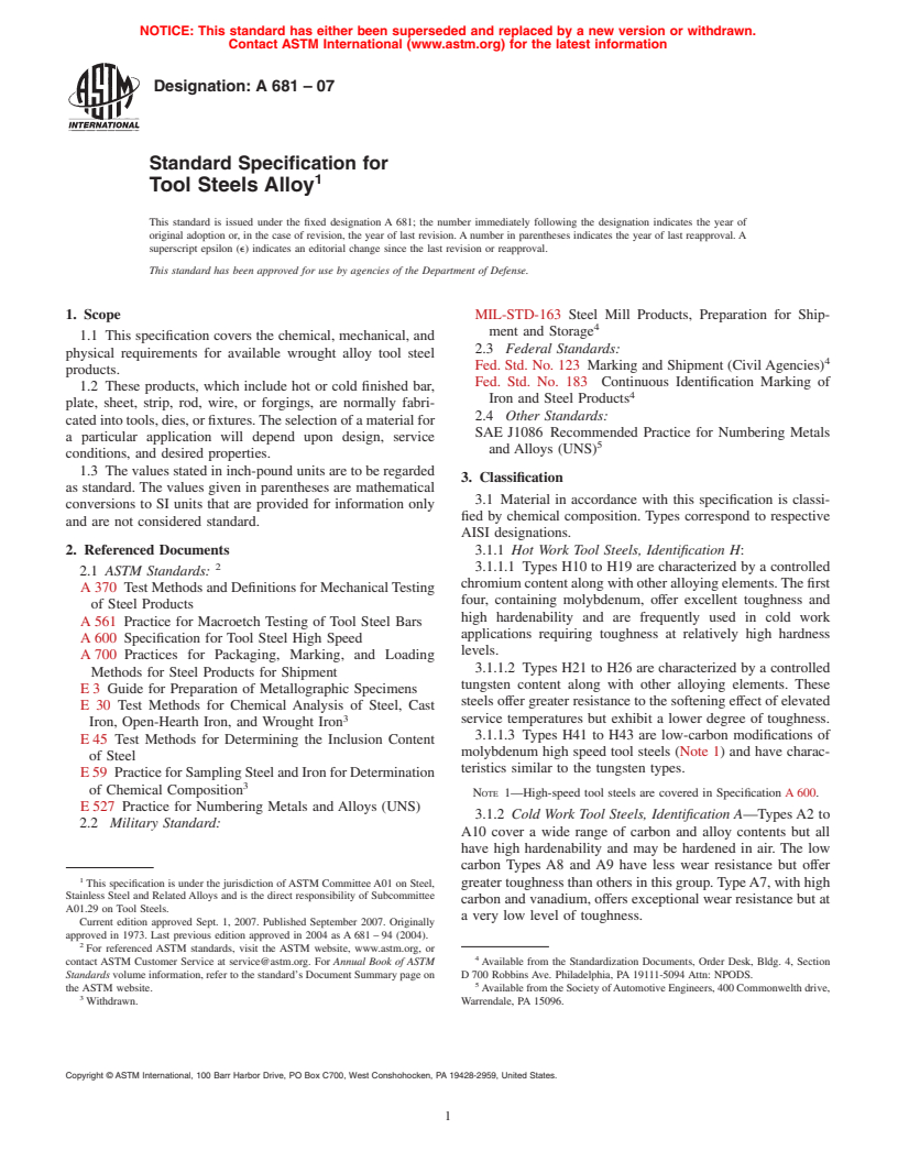 ASTM A681-07 - Standard Specification for Tool Steels Alloy