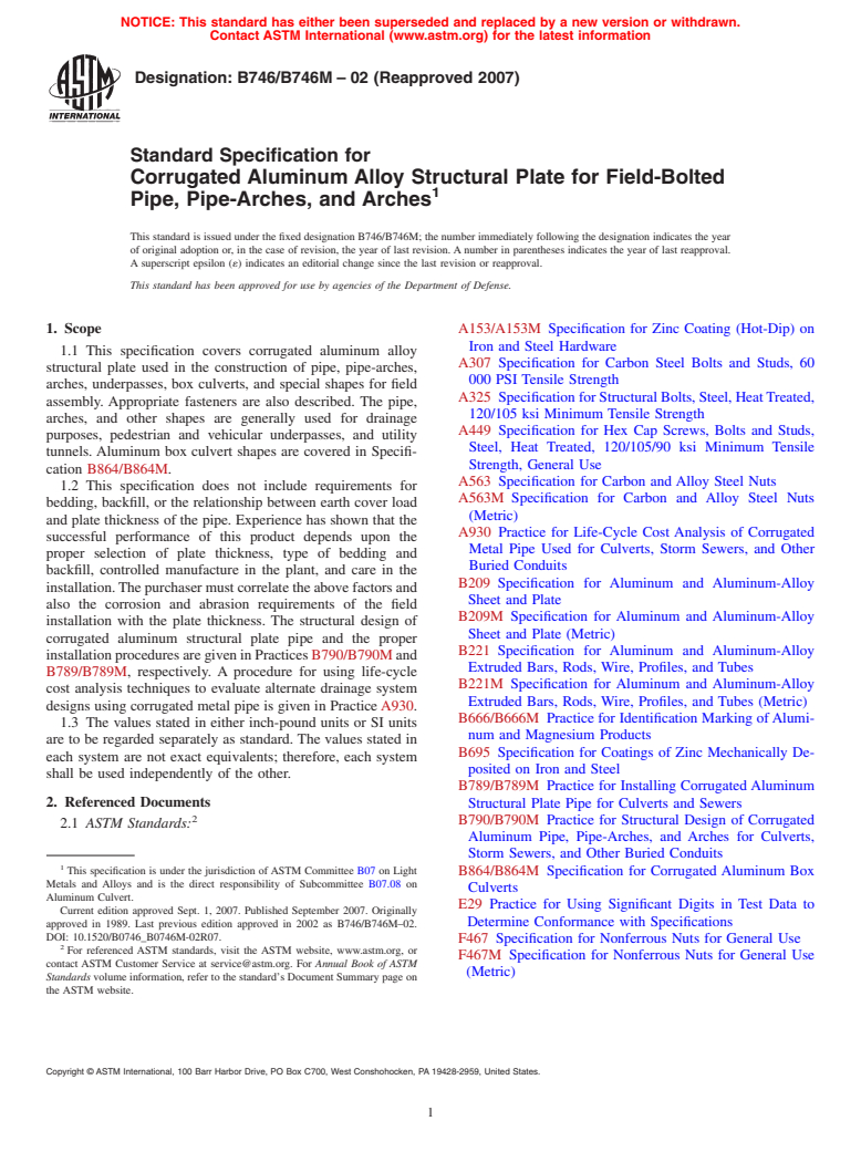 ASTM B746/B746M-02(2007) - Standard Specification for Corrugated Aluminum Alloy Structural Plate for Field-Bolted Pipe, Pipe-Arches, and Arches