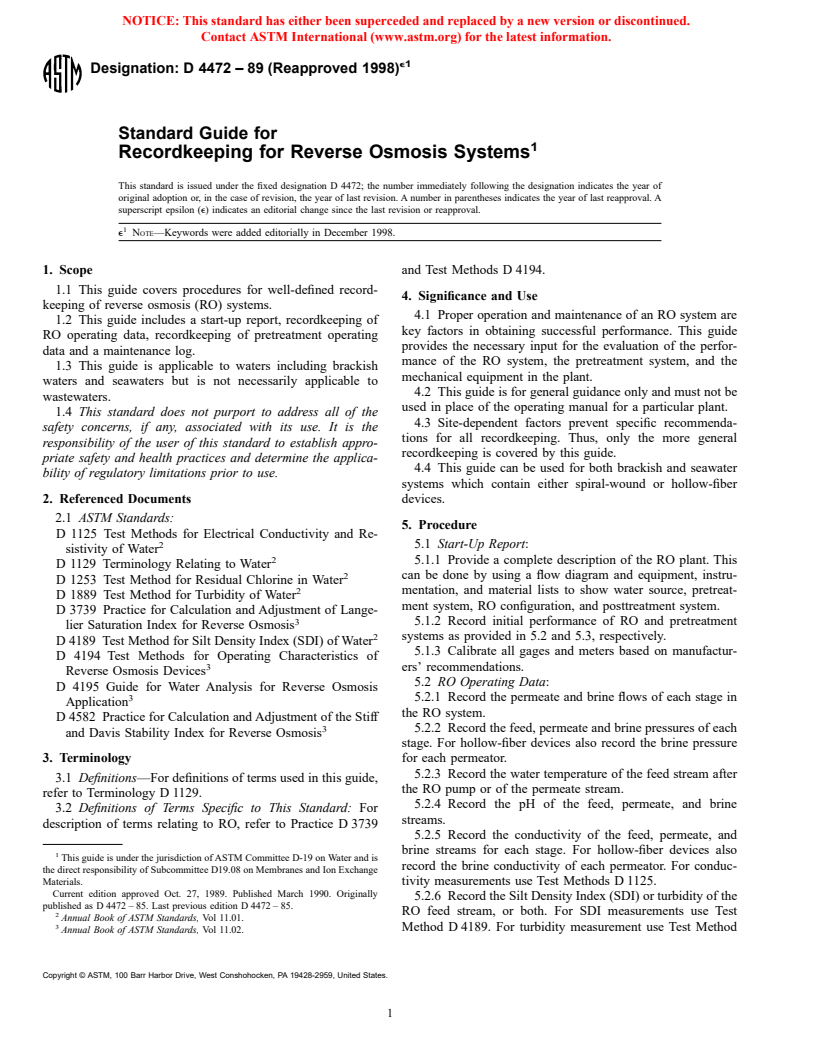 ASTM D4472-89(1998)e1 - Standard Guide for Recordkeeping for Reverse Osmosis Systems