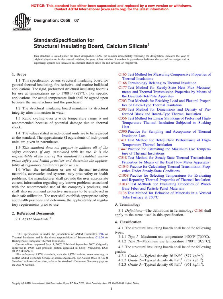 ASTM C656-07 - Standard Specification for Structural Insulating Board, Calcium Silicate