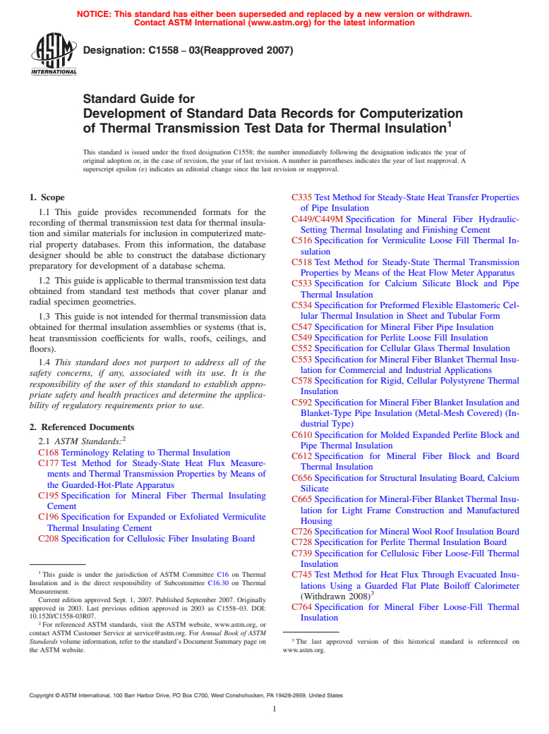 ASTM C1558-03(2007) - Standard Guide for Development of Standard Data Records for Computerization of Thermal Transmission Test Data for Thermal Insulation