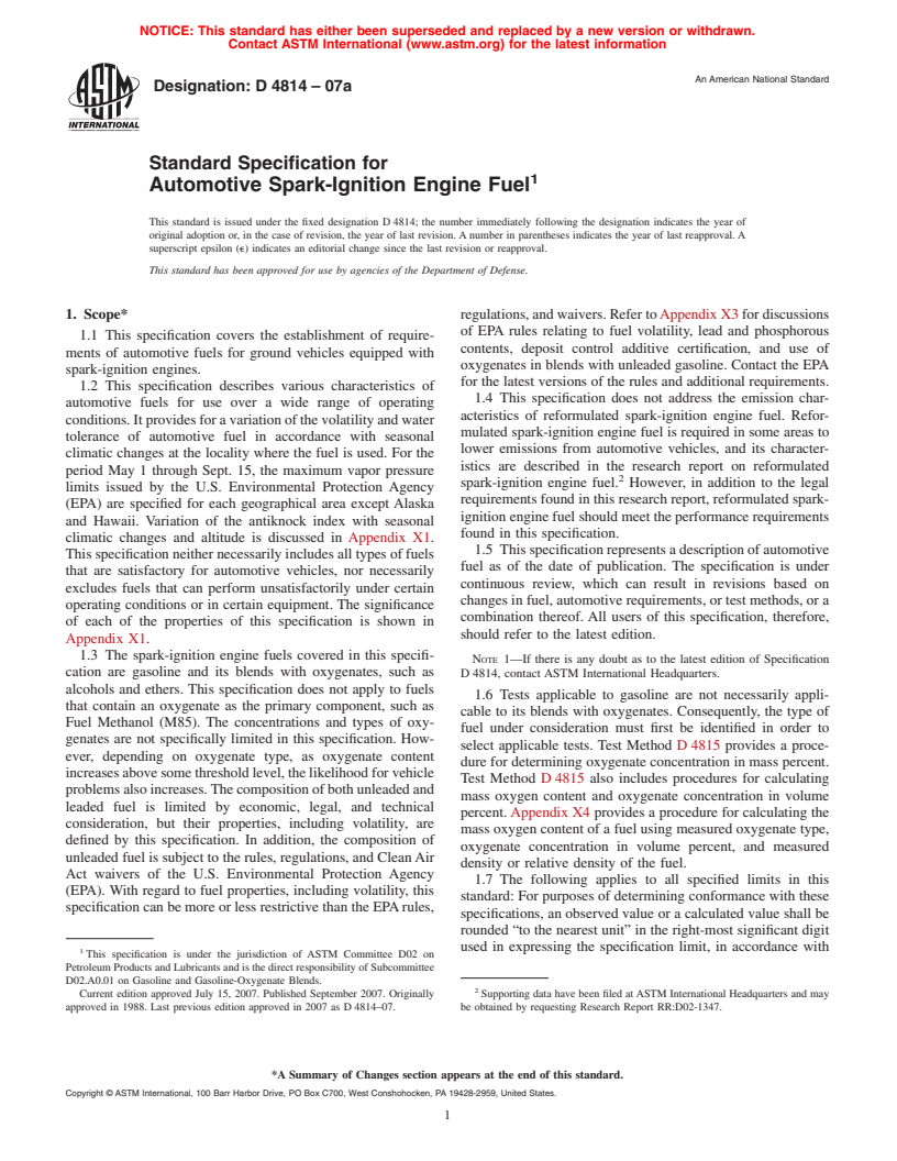 ASTM D4814-07a - Standard Specification for Automotive Spark-Ignition Engine Fuel