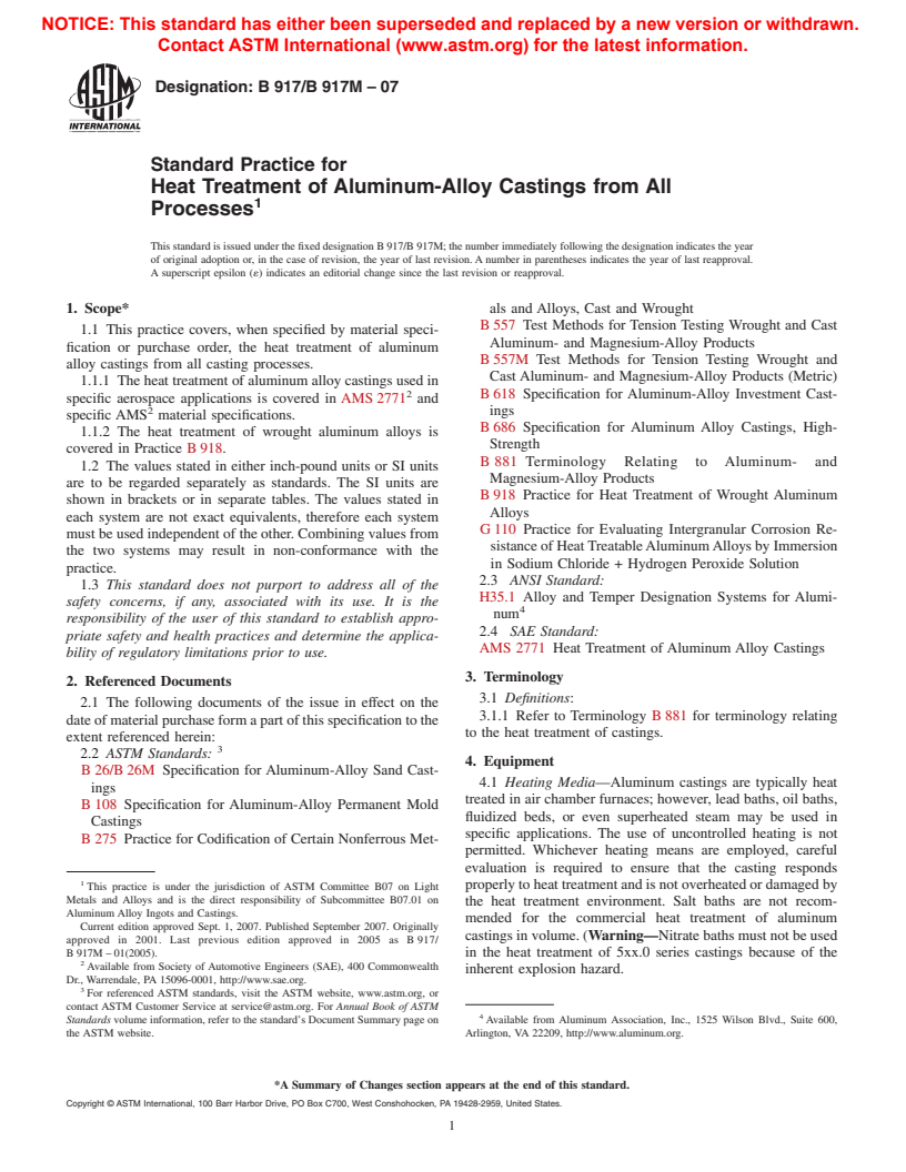 ASTM B917/B917M-07 - Standard Practice for Heat Treatment of Aluminum-Alloy Castings from All Processes