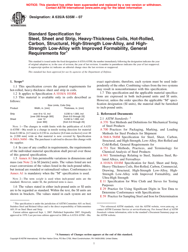 ASTM A635/A635M-07 - Standard Specification for Steel, Sheet and Strip, Heavy-Thickness Coils, Hot-Rolled, Carbon, Structural, High-Strength Low-Alloy, and High-Strength Low-Alloy with Improved Formability, General Requirements for