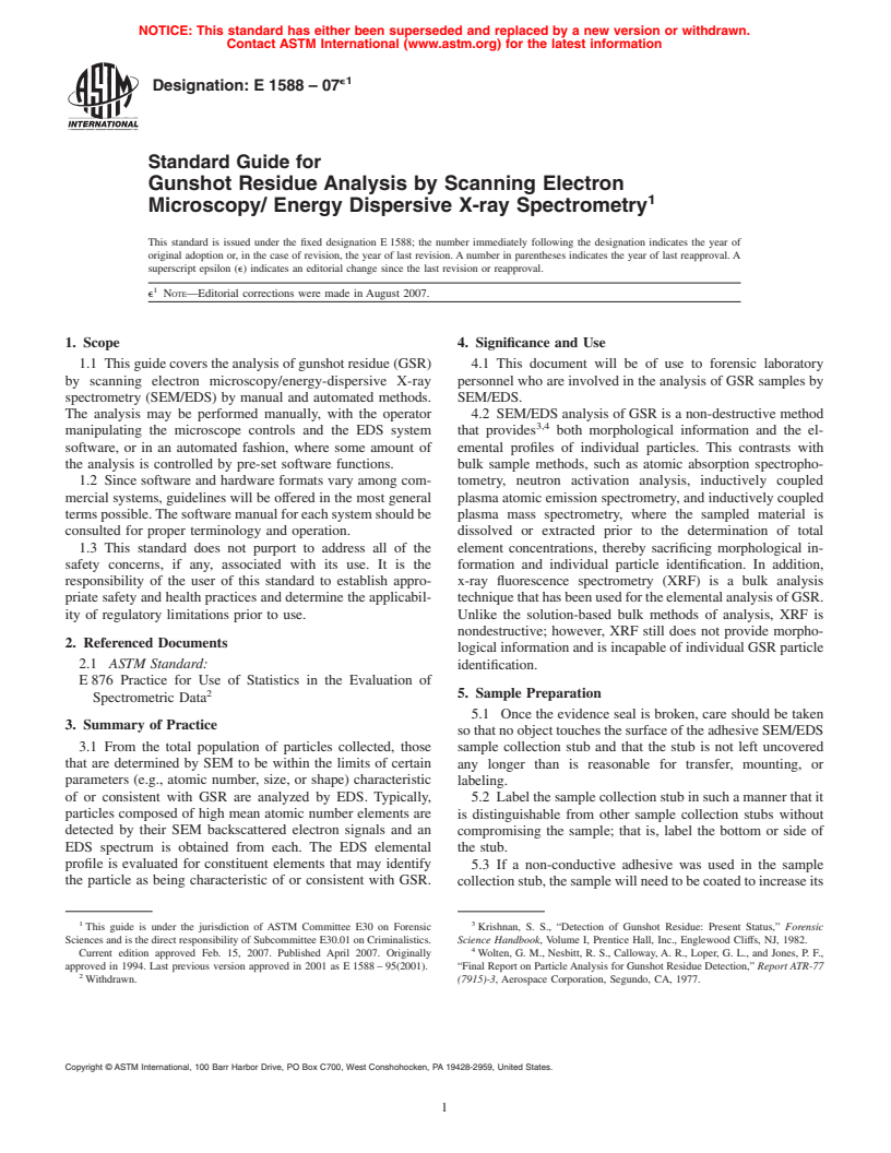 ASTM E1588-07e1 - Standard Guide for Gunshot Residue Analysis by Scanning Electron Microscopy/Energy Dispersive X-ray Spectrometry