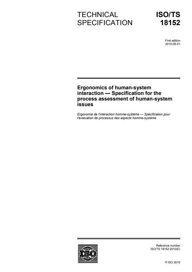 ISO/TS 18152:2010 - Ergonomics of human-system interaction -- Specification for the process assessment of human-system issues